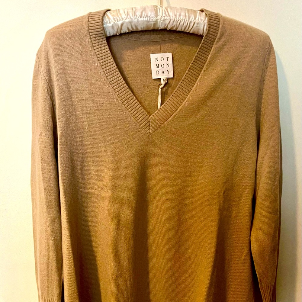 Not Monday Cashmere V-Neck Sweater Large Tan New